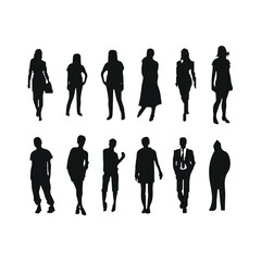 Vector silhouettes of men and a women, a group of standing business people, profile, black and white color isolated on white background
