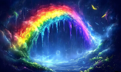 Celestial Rainbow Waterfall: A Dreamlike Nightscape
