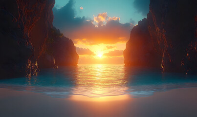 Dramatic Sunset Through a Coastal Cave