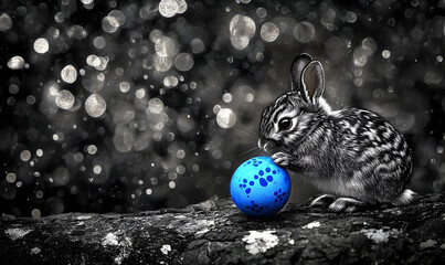 Monochrome Bunny with Vibrant Blue Easter Egg on Textured Surfac