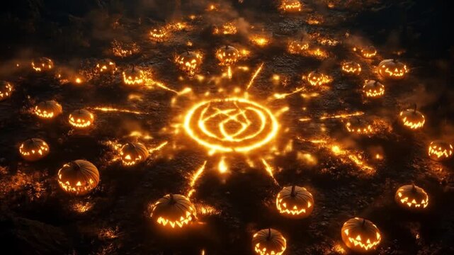 Overhead view of illuminated pumpkins arranged in a circular pattern