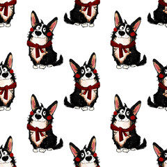 Seamless png pattern of cartoon welsh-corgo dog