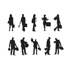 Vector silhouettes of men and a women, a group of standing business people, profile, black and white color isolated on white background