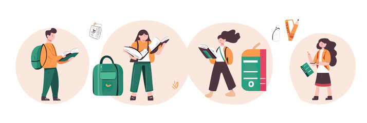 Fototapeta premium Students studying books reading preparing school backpack academic learning education concept flat minimalist vector illustration set