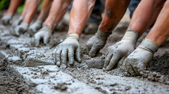 Muddy hands working together, building with clay, teamwork and c