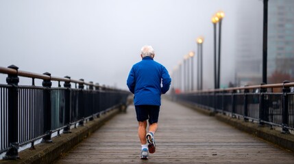 Man walking on bridge.