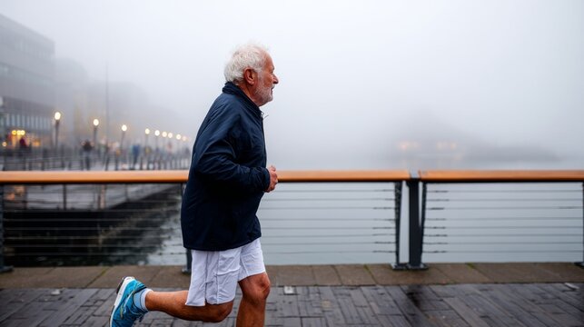 Man running in rain on bridge. - Powered by Adobe