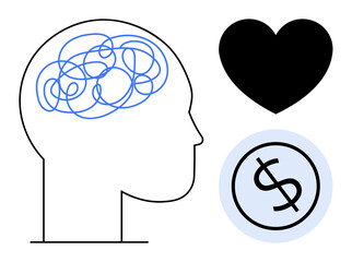 Profile of human head with tangled lines inside, heart, and dollar sign evoking emotions, financial challenges, and mental health awareness. Ideal for psychology, decision-making, emotional balance