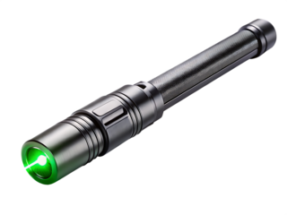 Sleek Black Tactical Laser Pointer With Green Beam isolated on white background ,PNG.AI Generated.