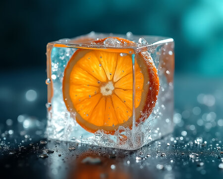 Fresh orange slice encased in ice cube with bubbles for a refreshing summer drink idea