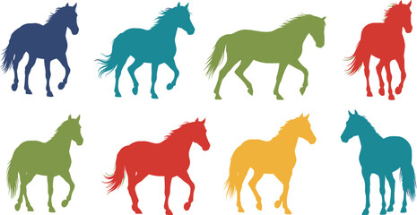 Vibrant horse silhouettes in a spectrum of colors galloping across a clean white background.