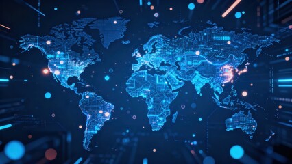 Global Strategy: Digital world map with illuminated connections and data points in a futuristic design.