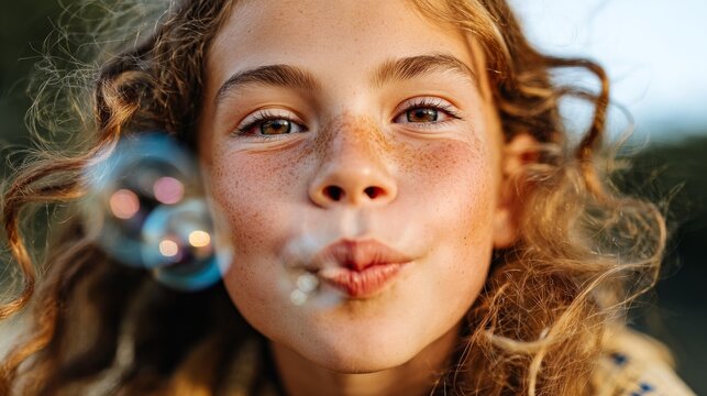 A young girl blowing bubbles outdoors. - Powered by Adobe