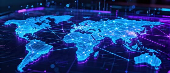 Global Strategy: Digital world map with interconnected nodes and vibrant neon colors.