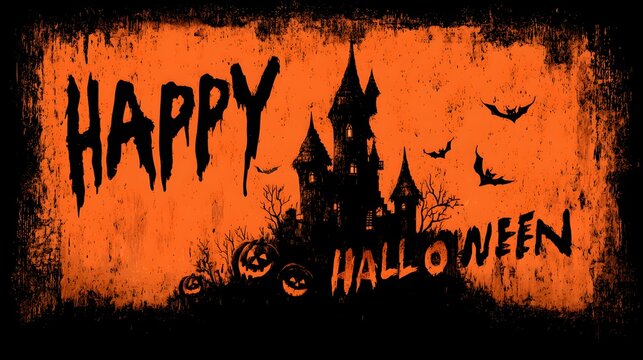 Halloween invitation design with gothic castle silhouette, pumpkins, and customizable horror-themed text