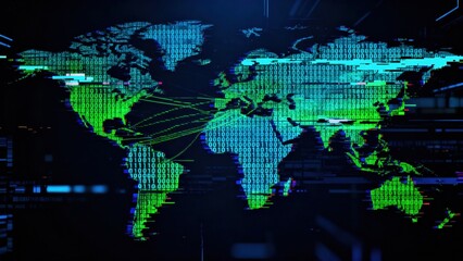 Global Strategy: Digital world map with binary code overlay, illustrating technology and connectivity.