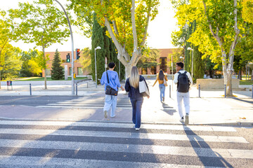 Diverse students walking on crosswalk at university campus