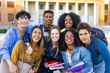 Group of diverse university students smiling happy on campus