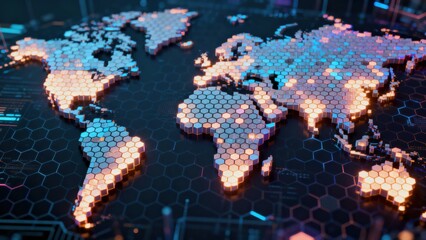Global Strategy: Digital map visualization with hexagonal patterns and glowing elements.