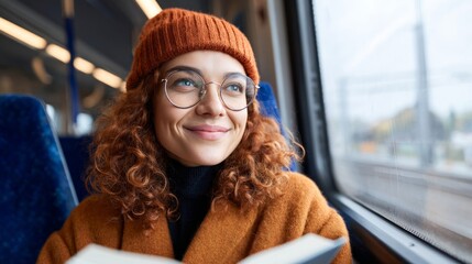 Woman reading book on train.