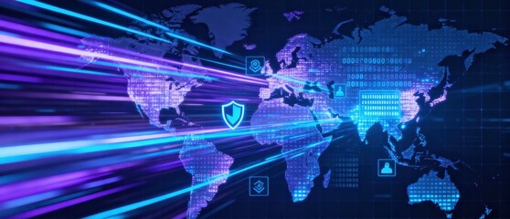 Global Strategy: Digital world map with data streams and security icons representing technology and connectivity.