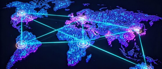 Global Strategy: Digital world map with interconnected lines illustrating global connectivity and data flow.