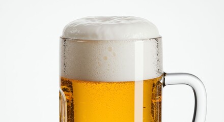 Cold Glass of Beer with Foam on Top in Clear Mug on White Background