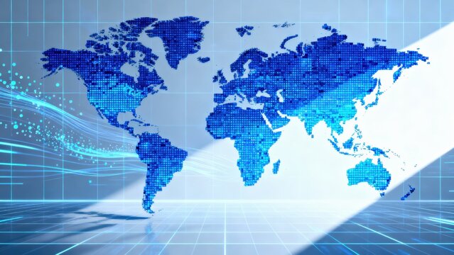 Global Strategy: Digital world map with blue grid and data elements representing technology and connectivity.