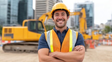 Man in construction vest standing near excavation site with crane in background.