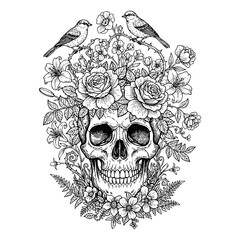 Skull with Floral Crown and Birds Engraving Vector Illustration