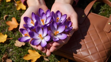 Hands holding purple crocuses