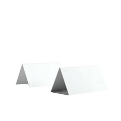Two blank white tent cards, folded and standing, against a black background