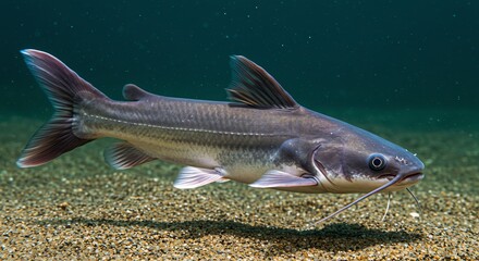 Fototapeta premium Catfish Swimming in Freshwater Aquarium with Sandy Bottom and Blue Background