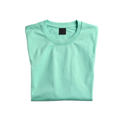 Light teal t-shirt neatly folded, top-down view with blank tag, on a black background