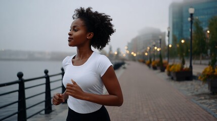 Woman jogging at night in city park.