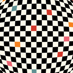 Fototapeta premium Hypnotic geometric background with checkerboard design. Black and white squares with color accents, creating a bold optical illusion effect , modern groovy funky psychedelic design.