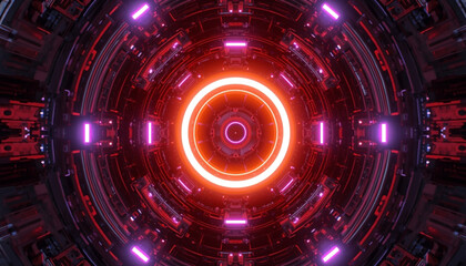 Orbital gateway with crimson luminous halo and steel components radiating violet glow in upward view