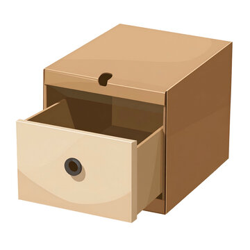 Cartoonish, brown, two-tone filing cabinet with an open drawer, set against a dark background