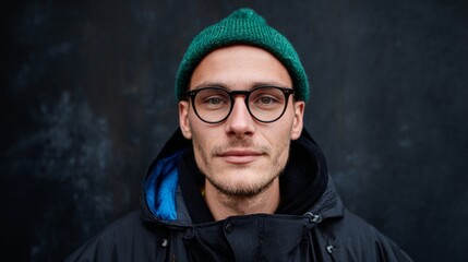 Man wearing glasses, hat, and jacket.