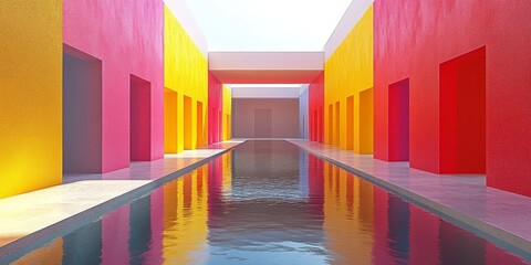 Vibrant pink, yellow, and red architectural corridor with a reflective water feature, perfect for art blogs, travel sites, or bold design showcases.

