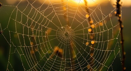 Fototapeta premium Close-up of Dewy Spider Web at Sunset with Golden Light