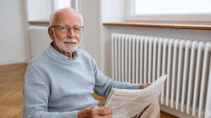 Older man sitting in a living room, reading newspaper.