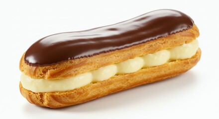 Fototapeta premium Chocolate Eclair Pastry Filled with Cream on White Background