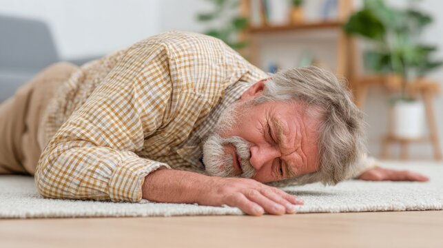 Man resting on floor of living room.