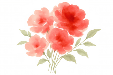 Watercolor flowers creating a beautiful bouquet with coral and pink petals and delicate green leaves on a transparent background