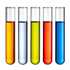 Five glass vials, each filled with vibrant colored liquid, aligned against a dark background