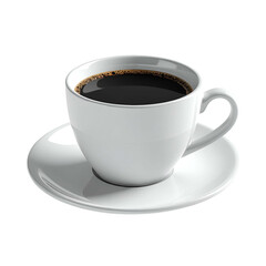 A white ceramic coffee cup filled with dark liquid, sitting on a matching saucer