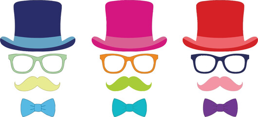 Playful collection of colorful hats, glasses, mustaches, and bow ties for party fun