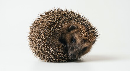 Obraz premium Small Spiky Hedgehog Curled Up on White Background in Natural Style