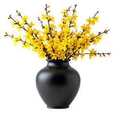 A simple, elegant black vase holds a bouquet of bright, yellow forsythia blossoms against a black background
